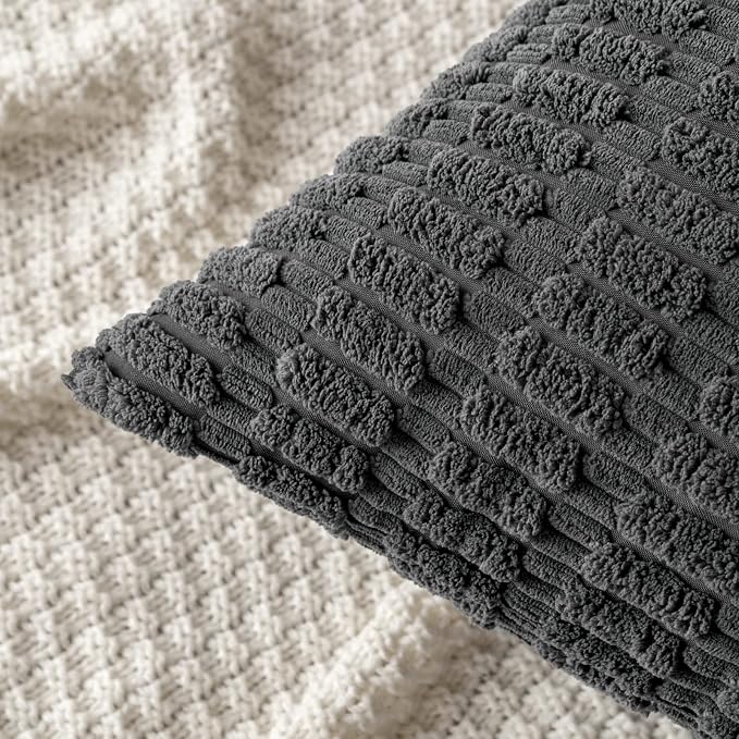MIULEE Pack of 2 Corduroy Decorative Throw Pillow Covers 16x16 Inch Soft Boho Striped Pillow Covers Modern Farmhouse Home Decor for Sofa Living Room Couch Bed Dark Grey