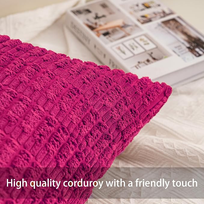 Aegero Pack of 2 Corduroy Decorative Throw Pillow Covers 16x16 Inch Soft Striped Pillow Covers Modern Farmhouse Home Decor for Sofa Living Room Couch Bed（Rose Red）