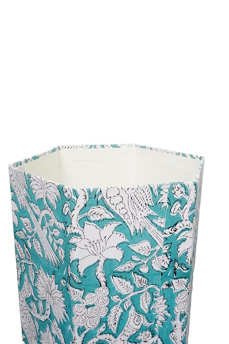 3.3 Gallon Cotton Hand Block Printed Paper Waste Basket |Small Decorative Trash Can for Housewarming Gifts in Living Room, Bedroom, Bathroom | Eco-Friendly, Plastic-Free (1, L, Green White MOR)