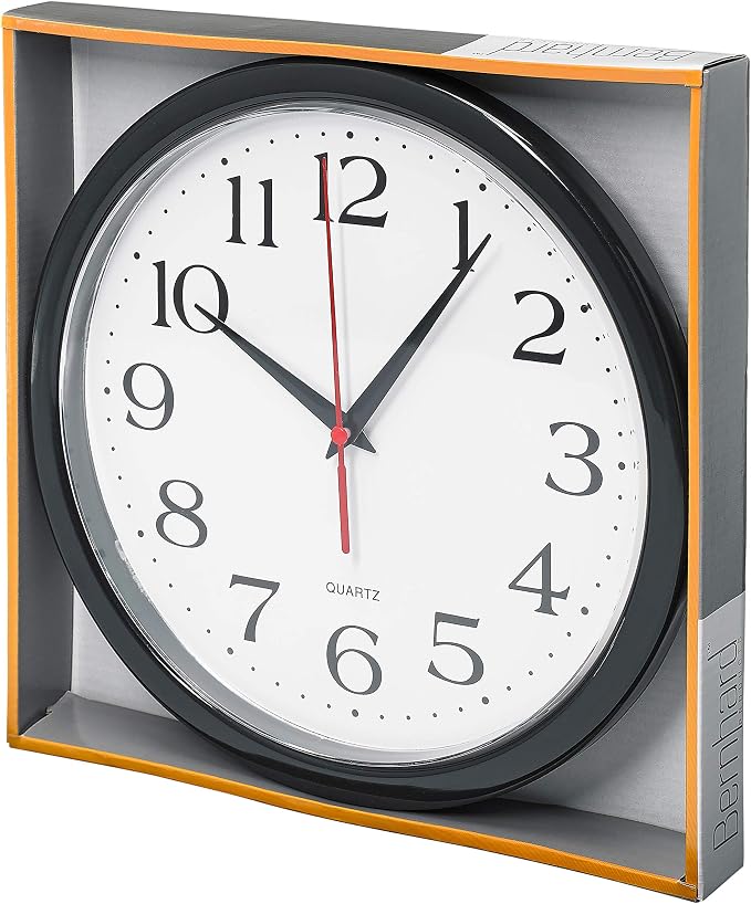 Bernhard Products Black Wall Clock Silent Non Ticking 10 Inch Quality Quartz Battery Operated Round Easy to Read Home/Office/Kitchen/Classroom/School Clock Sweep Movement