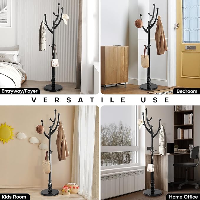 Bekrvio Tree Coat Rack Freestanding with Sturdy Round Base, Black | Unique Coat Hanger Stand, Heavy Duty Standing Coat Rack, For Jacket, Hat, Bags For Entryway / Hallway / Bedroom