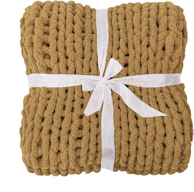 Bigacogo Chunky Knit Throw Blanket for Couch, 40x60 inches, 100% Hand Knitted with Thick Jumbo Chenille Yarn, Cozy Soft Large Rope Knot Cable Crochet Blankets for Sofa Bed Living Room, Goldenrod