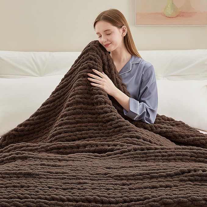 Negwoo Chunky Knit Throw Blanket, 50''*60'' Knitted Throw Chenille Yarn for Bed Couch, Handmade Dark Brown Crochet Big Thick Blanket, Machine Washable Cute Comfy Blanket for Home Decor