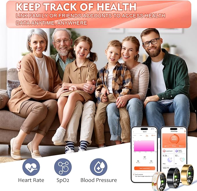 Smart Ring Health Tracker for Women Men, Sleep Tracker with Heart Rate,SpO₂,Blood Pressure, Fitness Ring for Activity Monitoring, No Subscription, Step Tracker Ring for ios&Android (Gold, #10)
