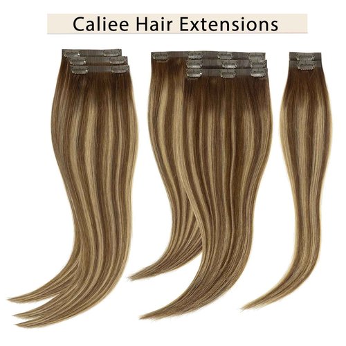 Caliee Seamless Hair Extensions Clip in Human Hair Ultra Thin Double PU Skin Weft Real Human Hair Extensions R4-4/27 Chocolate Brown to Caramel Blonde Ombre Clip in Hair Extensions 16Inch 115G 8Pcs