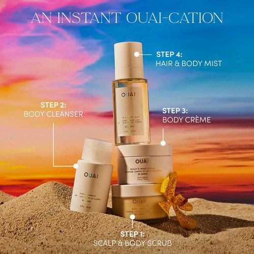 OUAI St. Barts Travel Bundle - Includes Travel Size Scalp & Body Scrub, Foaming Shower Gel, Hydrating Cream, and Hair & Body Mist (4 Count, 3.4 Oz/3.4 Oz/3 Oz/3.3 Oz)