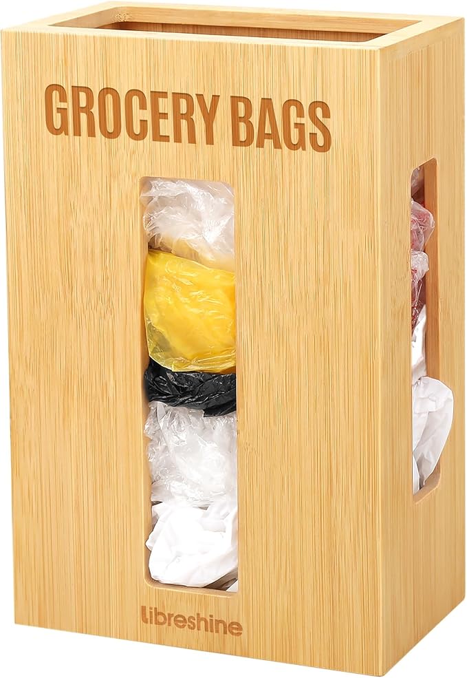 Libreshine Extra Large Bamboo Grocery Bag Holder for Plastic Bags, Under Sink Cabinet or Wall Mounted Organizer, Space-Saving Bag Dispenser for Kitchen, Pantry, Laundry Room, Garage