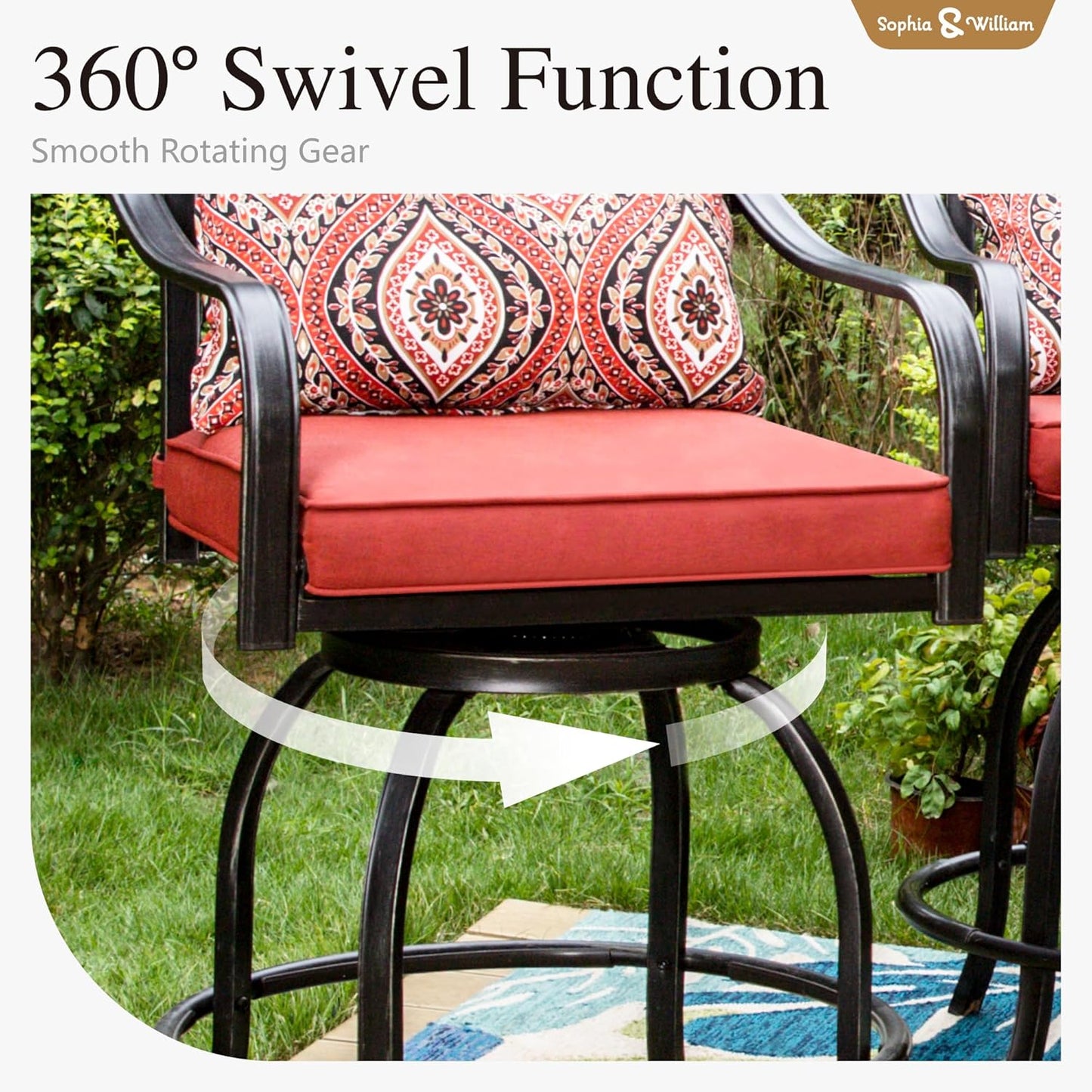 Sophia & William Patio Bar Set, 3 Pieces Outdoor Bistro Set with 2 Swivel Bar Stools Bar Height Patio Chairs and 1 Square Patio Bar Table with Umbrella Hole
