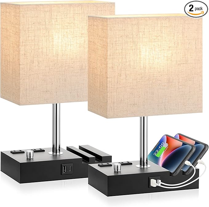 Bedside Lamps for Bedroom Set of 2, Kakanuo Fully Dimmable Small Beige Nightstand Lamps with USB C Ports and 2 Charging Outlets, Wooden Table Lamp with Phone Stands for Living Room, LED Bulbs Included
