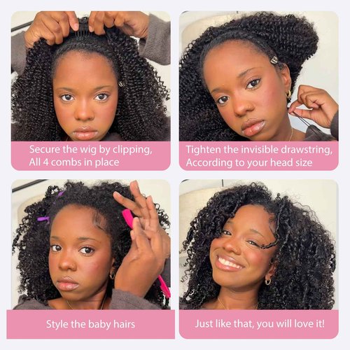 Lametope Glueless Half Wig Human Hair Kinky Curly 200 Density 3 In 1 Seamless Flip Over Drastring Half Wig Human Hair for Beginner Kinky Curly Human Hair Headband Wig for Women （16 Inch）