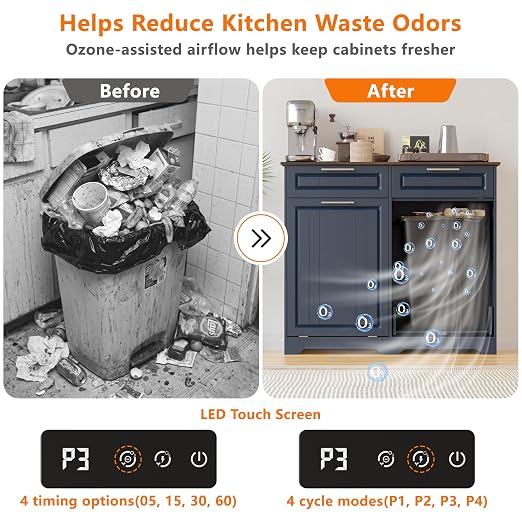Double 10 Gallon Tilt Out Trash Can Cabinet with Deodorizing Function and Power Outlet, Wooden Hidden Garbage Can Holder with 2 Storage Drawers for Kitchen, Laundry Hamper Cabinet for Bathroom, Blue