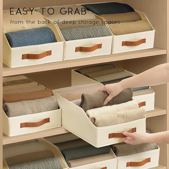 Homsorout Fabric Storage Bins for Organizing - 10 Pack Large Trapezoid Collapsible Storage Bins with Front Handle, Closet Organizers and Storage for Bedroom, Home Shelves, Small Spaces, Beige