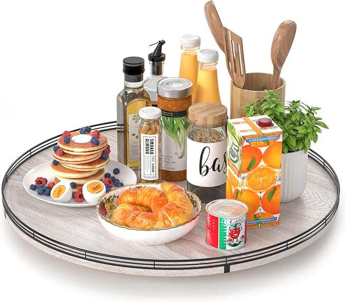 24" Lazy Susan Wood Turntable Organizer for Kitchen Decor, Farmhouse Round Wooden Larger Lazy Susan Organization and Storage for Cabinet, Dining Table, Bathroom, Countertop, Centerpiece,Whitewashed
