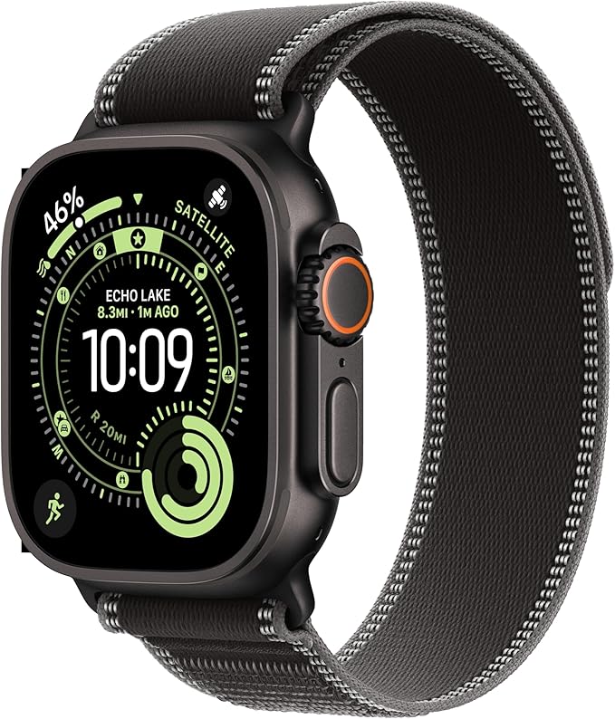 Apple Watch Ultra 3 [GPS + Cellular 49mm] Running & Multisport Smartwatch w/Rugged Titanium Case w/Black/Charcoal Trail Loop - S/M. Satellite Communications, Advanced Health & Fitness Tracking