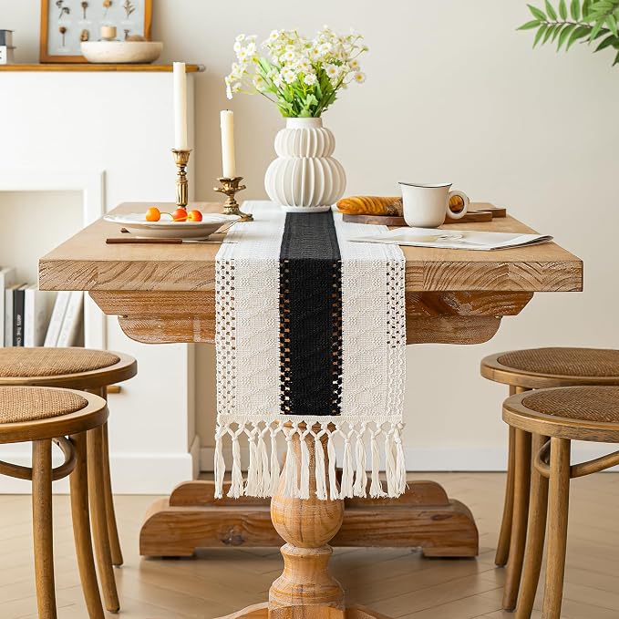 FEXIA Boho Table Runner for Summer Home Decor with Tassels 108 Inches Long Farmhouse Rustic Black Gothic Table Runner Macrame Gothic Burlap Table Decoration for Kitchen Living Room (12x108 Inches)