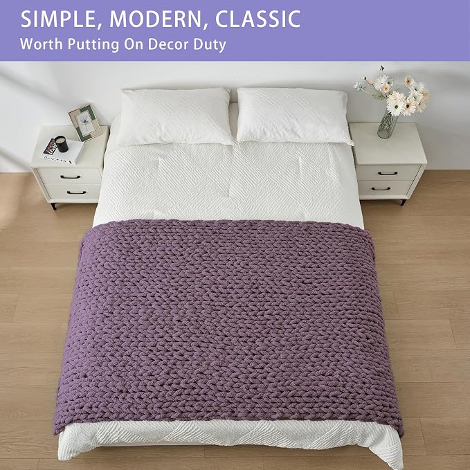 Bigacogo Chunky Knit Throw Blanket for Couch, 40x80 inches, 100% Hand Knitted with Thick Jumbo Chenille Yarn, Cozy Soft Large Rope Knot Cable Crochet Blankets for Sofa Bed Living Room, Winter Grape