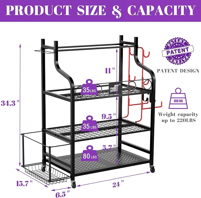 Mythinglogic Yoga Mat Storage Racks,Home Gym Storage Rack for Dumbbells Kettlebells Foam Roller, Yoga Strap and Resistance Bands, Workout Equipment Storage Organizer With Hooks and Wheels