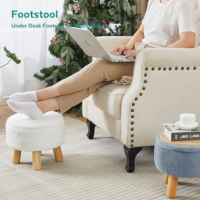 Small Foot Stool Ottoman with Storage, Soft Faux Fur Ottoman Foot Rest for Couch, Round Footstool with Storage, Small Ottomans and Footstools for Living Room and Entryway (White)