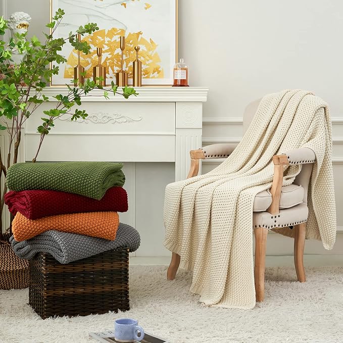 Chunky Cable Knit Throw Blanket Lightweight Cream 100% Organic Cotton Blanket for Sofa Couch Bed Baby Nursery, Rustic Shabby Chic Modern Farmhouse, 51” x 63” Give Laundering Bag