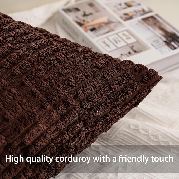Aegero Pack of 2 Corduroy Decorative Throw Pillow Covers 20x20 InchSoft Boho Striped Pillow Covers Modern Farmhouse Home Decor for Sofa Living Room Couch Bed（Dark Brown）