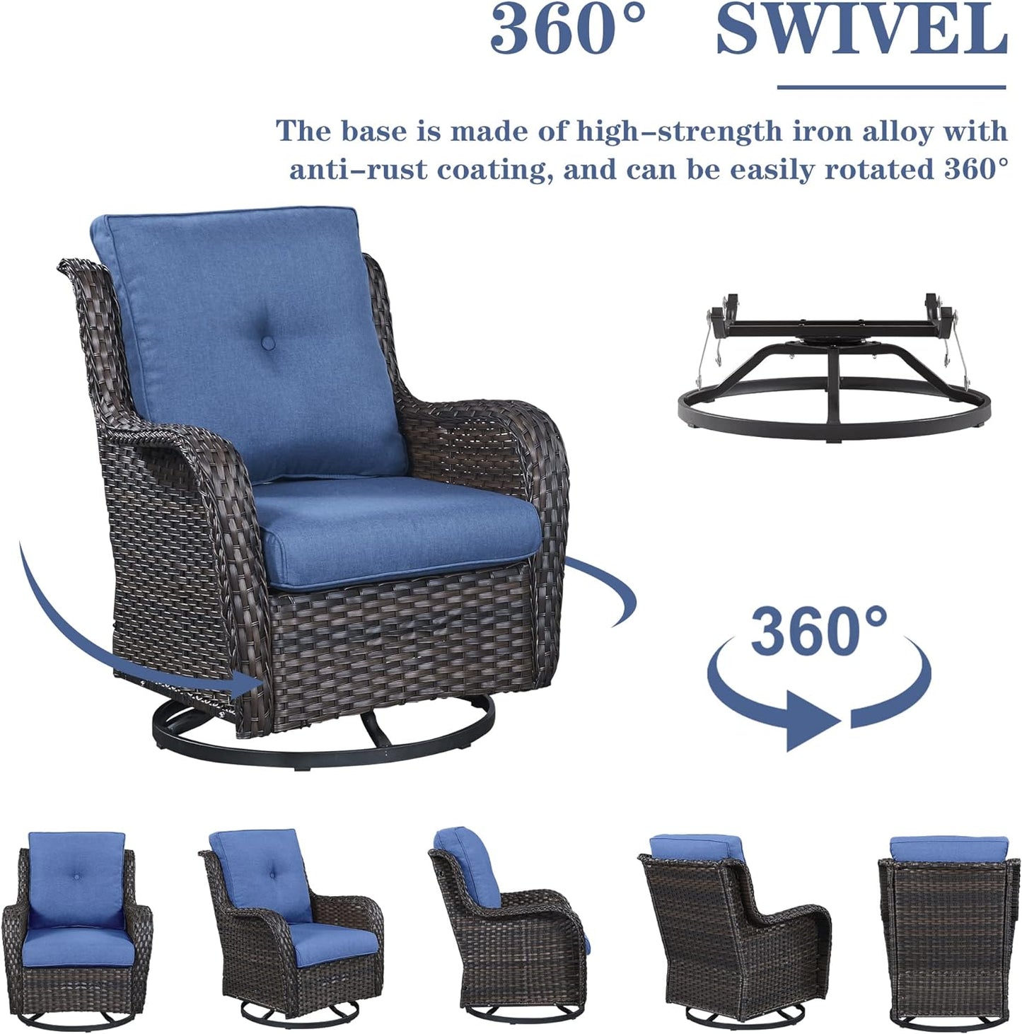 Outdoor Sectional Sofa Furniture Set with 50000BTU Propane Fire Pit Table, Wicker Patio Conversation Set with 2 Swivel Glider Rocker Chairs Blue Cushion Perfect for Backyard Casual Gathering
