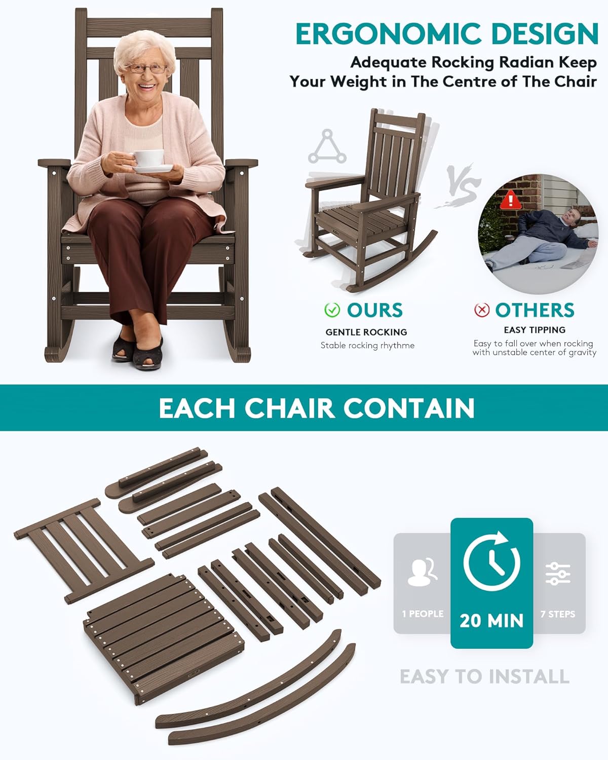SERWALL Outdoor Rocking Chair Set of 2, HDPE Rocking Chairs for Adult, All Weather Porch Rockers for Lawn Garden, Coffee