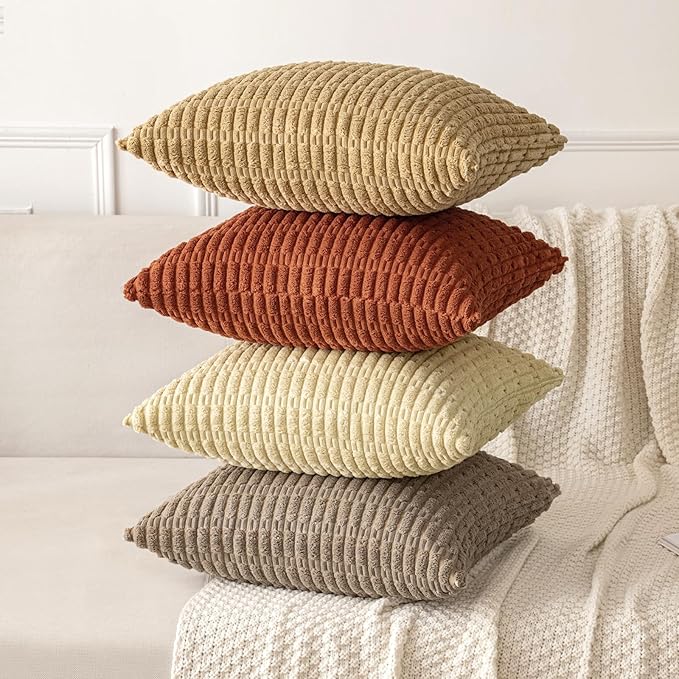 MIULEE Pack of 2 Dark Rust Corduroy Decorative Euro Sham Pillow Covers 24x24 Inch Soft Boho Striped Throw Pillow Covers Modern Farmhouse Home Decor for Summer Sofa Living Room Couch Bed