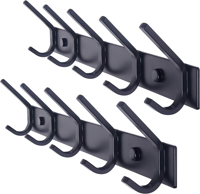 WEBI Coat Rack Wall Mounted,5 Coat Hooks for Hanging Coats,Heavy Duty Metal Double Hook Rack Hook Rail Coat Hanger Wall Mount for Clothes Entryway Jacket,Black,2 Packs
