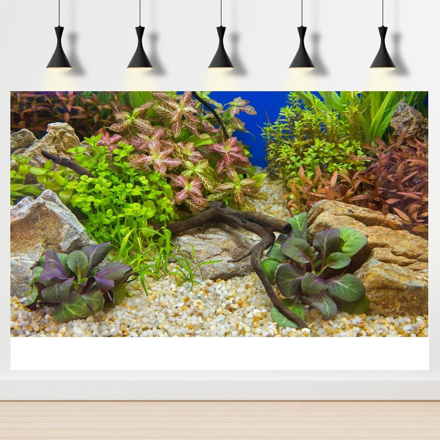Aquarium Background Various Underwater Grass Plants Pebble Aquarium Backdrop Vivid and Fresh Green Aquatic Plants Stone River Bed and Dead Wood Purple Leaves Tank Background Vinyl 36x20in