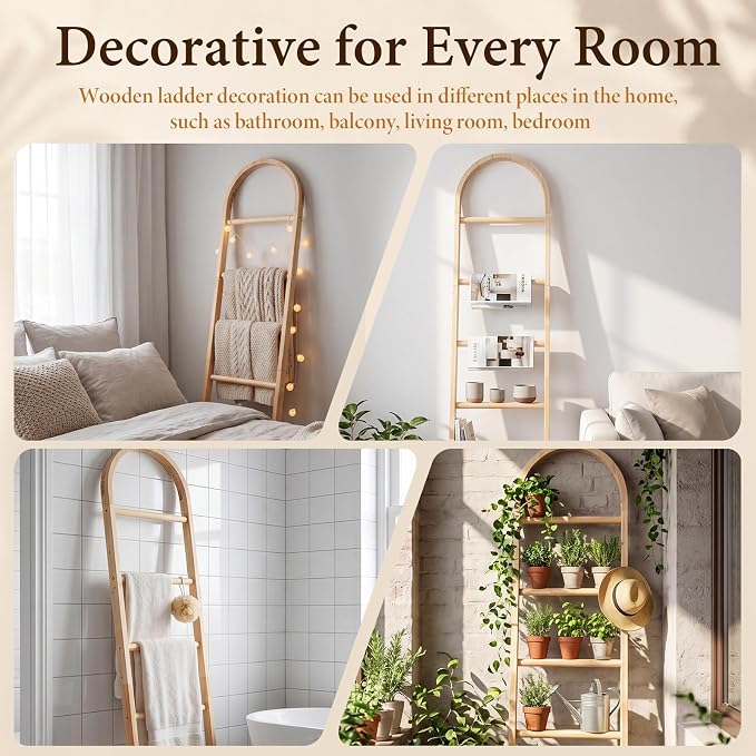Sintuff Arched Blanket Ladder for Living Room, 5.5ft Wooden Blanket Rack, 5-Tier Natural Leaning Ladder Shelf for Farmhouse Bedroom Living Room Bathroom Decor(Arch,Oak)