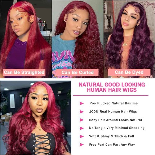 ZGWG Red Frontal Wigs Human Hair 180% Density 13X6 Body Wave Burgundy Lace Front Wigs Hd Lace Front Wigs Pre Plucked Hairline With Baby Hair(Burgundy, 22inch)