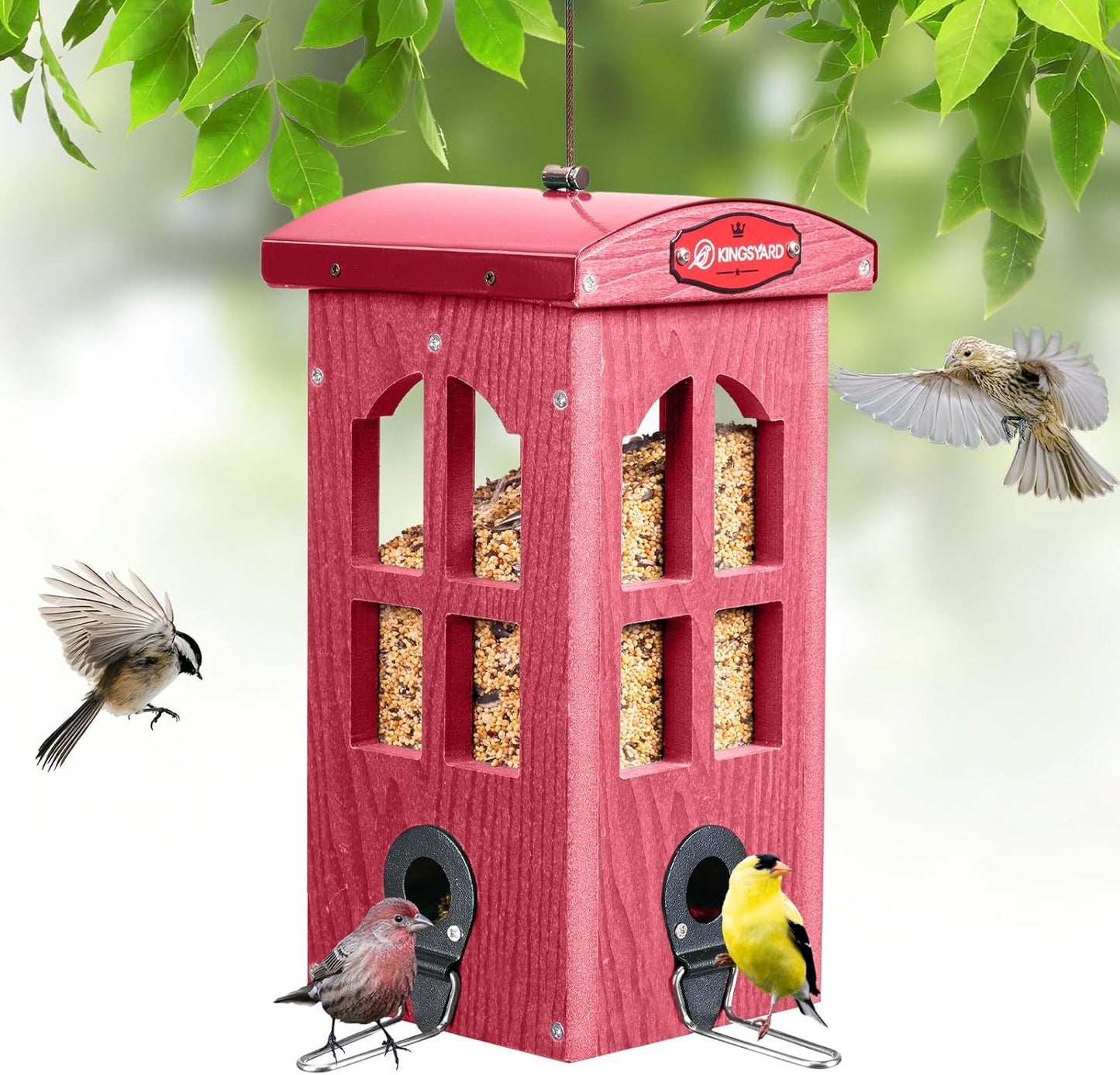 Kingsyard Upgraded Rainproof Bird Feeder for Outdoor Hanging - Metal Feeding Port, Recycled Plastic Wild Bird Feeder with Metal Mesh Tray for Goldfinch Small Bird, Garden Yard Decoration, Red
