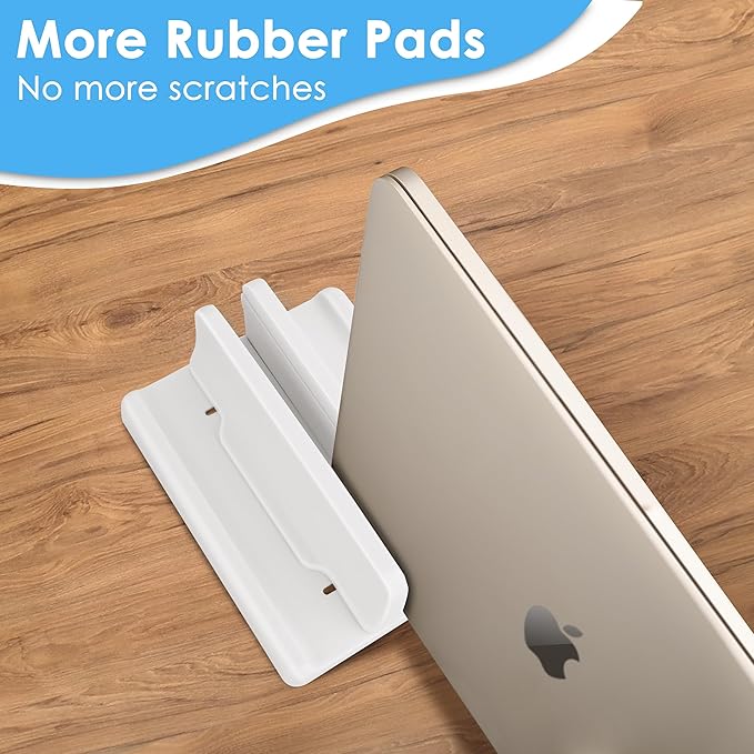 Vertical Laptop Stand [New Version: Two More Rubber Pads & Hex Key Storable Design] ABS Plastic Adjustable Dock up to 15 inch PC Desk Space Saver for MacBook/Surface/iPad/mini PC (White)
