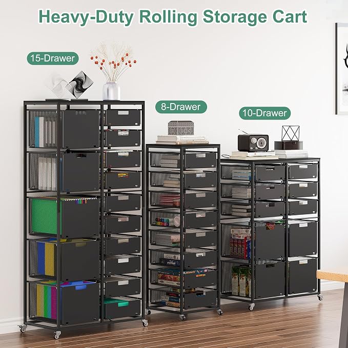 EasyPAG Rolling Storage Cart With 15 Drawers, Metal Craft Organizers And Storage Cart With Wood Tabletop, 30 Lbs Capacity Per Drawer For Home Office Classroom And Dorm, Black
