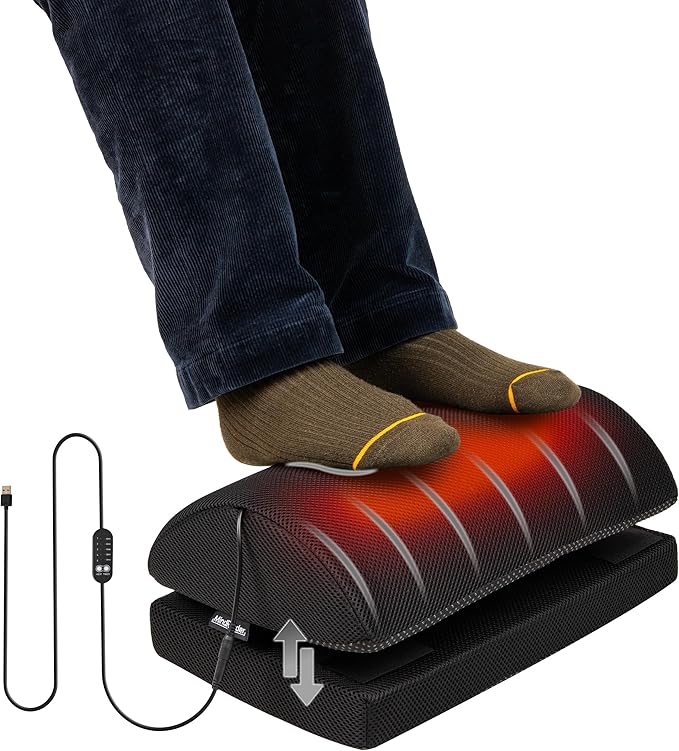 Mind Reader Heated Memory Foam Footrest, Under Desk Ergonomic Support with 4 Heat Settings, Timer & Auto Shut-Off, Adjustable Height, Black