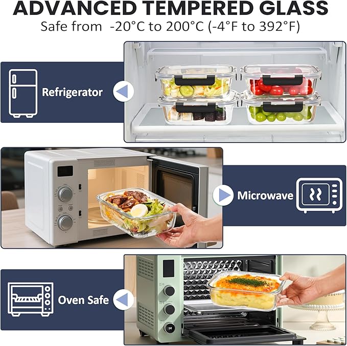 HOTEC 35OZ Glass Food Storage Container, Airtight Glass Lunch Fruit Containers with Lids - Microwave, Oven, Freezer and Dishwasher Safe, 4-PACK