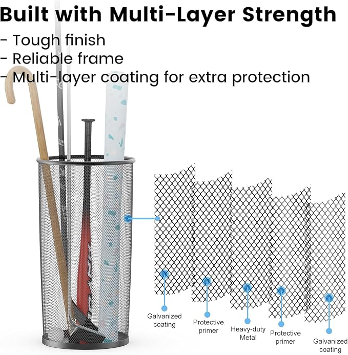 19.5" H Mesh Umbrella Stand - Ventilated Mesh Umbrella Holder for Entryway - Extra Capacity Storage for Umbrellas Canes & More - Freestanding Indoor Organizer 10.4" L x 10.4" W x 19.5" H - 3P Black
