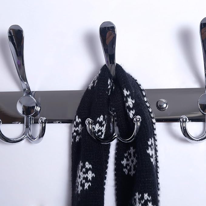 Dseap Coat Rack Wall Mount - 29.5” Long 8-Tri-Hooks Heavy Duty Coat Hanger Rail Wall Hooks for Hanging Coats Hats Clothing Clothes Purse Mudroom Entryway, Chromed, Pack of 2