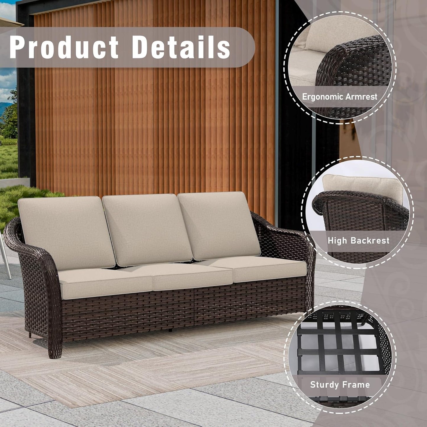 77 inch Outdoor Wicker 3 Seater Sofa, All-Weather Use Patio Rattan Sofa with Seat and Back Cushion, Ideal for Porch, Backyard, Balcony, Poolside, Beige