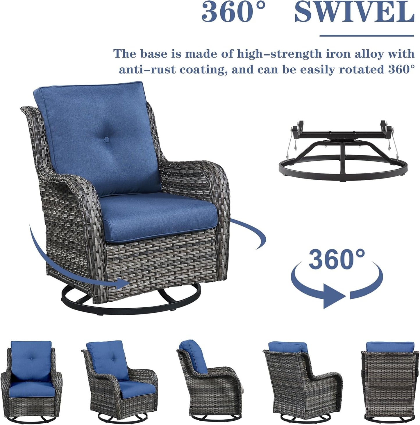 Wicker Outdoor Furniture Patio Furniture Set - 6 Piece Patio Conversation Set with Swivel Rocker Chairs, Rattan Sofa, Ottomans and Coffee Table, Blue Cushion