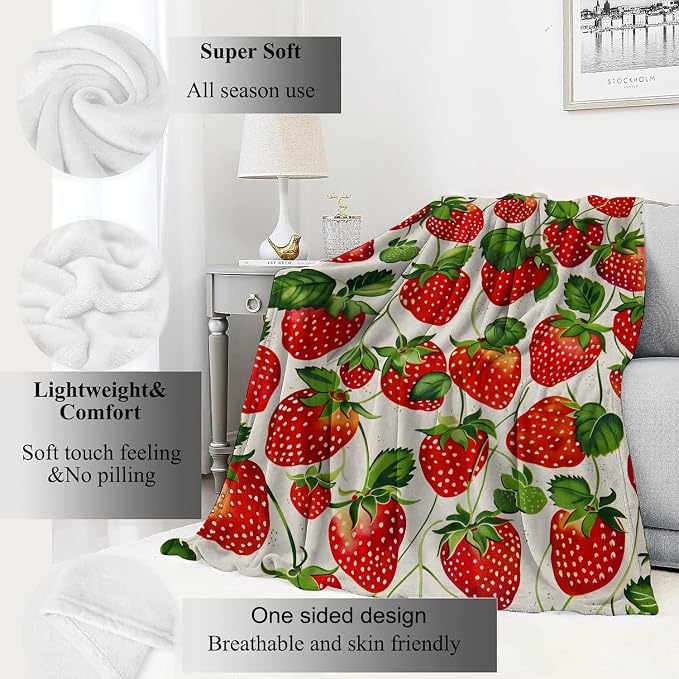Strawberry Blanket Lush Red Strawberries Throw Blankets with Green Leaves,Birthday Gifts for Kids Adult Women,Lightweight Soft Fleece,for Sofa Couch Bed Room Farmhouse Decor 40x50in