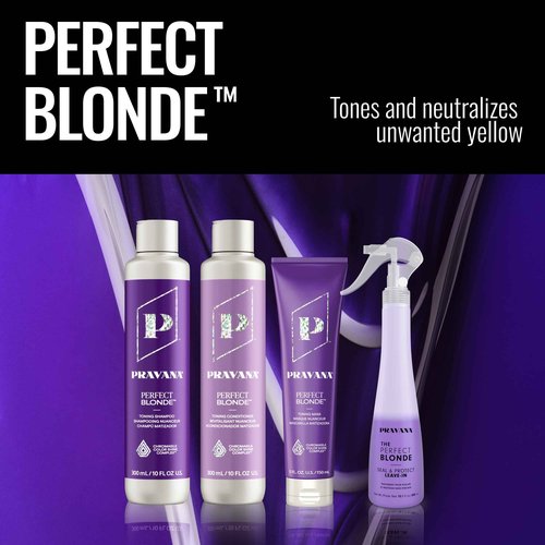 PRAVANA The Perfect Blonde Purple Toning Shampoo & Conditioner & Masque & Leave-In | Neutralizes Brassy, Yellow Tones | For Color Treated Hair | Chromasilk Enhances Shine & Protection | 10 Fl Oz