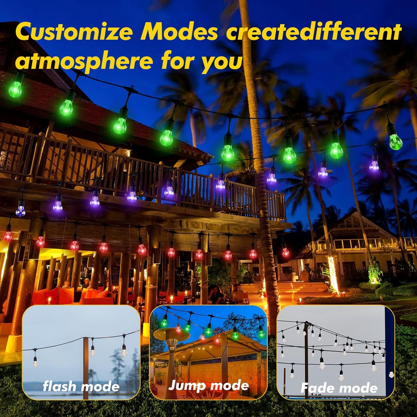Auroraworld Outdoor String Lights RGB, 96FT Dimmable Patio String Lights with Shatterproof Edison Bulbs, Remote, Commercial Lights for Cafe,Yard, Party