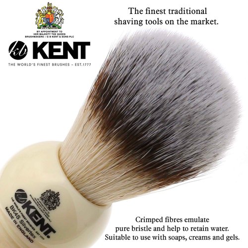 Kent BK4S Shaving Brush with Ultra-Soft Silvertext Synthetic Bristles and Faux Ivory Resin Handle with VSB5 Small White Plastic Shaving Brush Stand for Self Adhesive Hang Drying Shave Brush