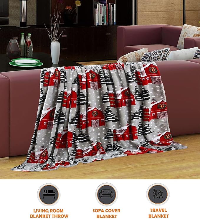 Elegant Comfort Luxury Velvet Super Soft Christmas Prints Fleece Blanket-Holiday Theme Home Décor Fuzzy Warm and Cozy Throws for Winter Bedding, Couch and Gift, 50 x 60 inch, Snowybarn