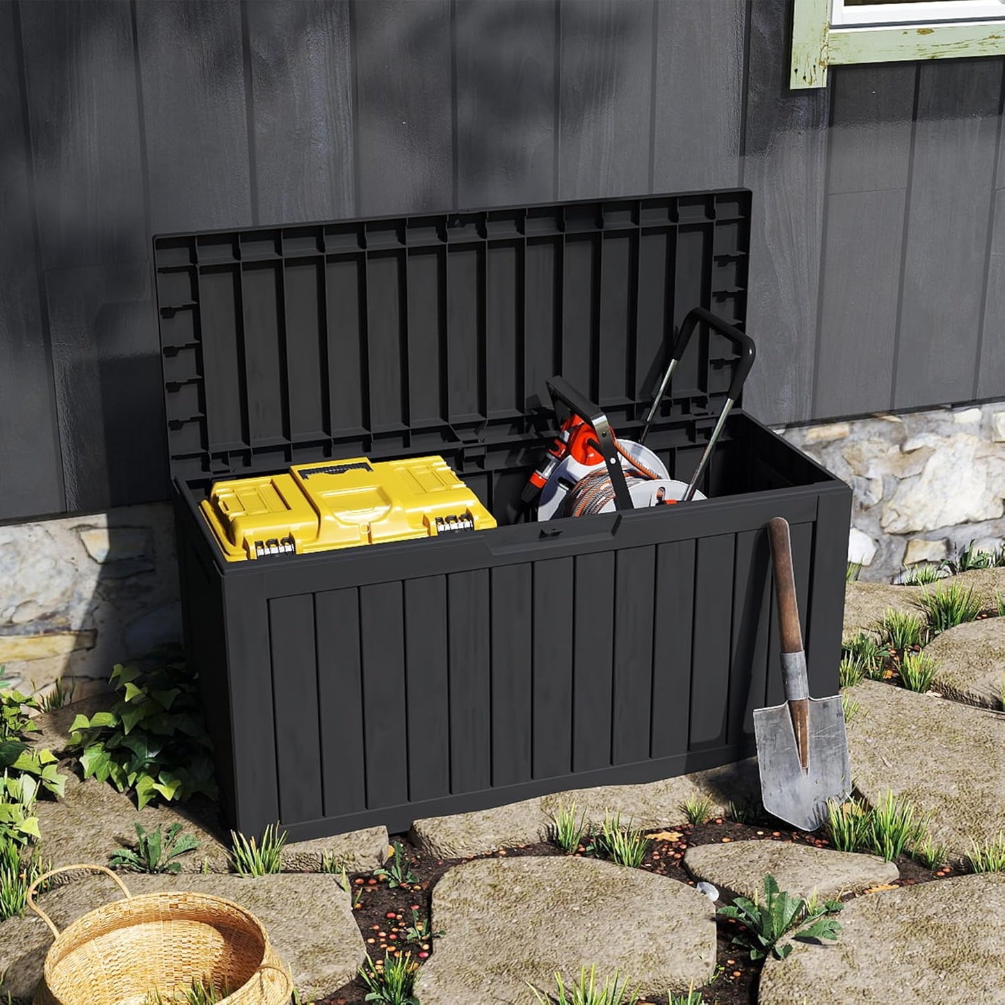 90 Gallon Waterproof Outside Storage Box - Patio Storage & Outdoor Deck Box, All-Weather Resin Chest for Pool/Garden Accessories, Lockable UV-Resistant, Jet Black