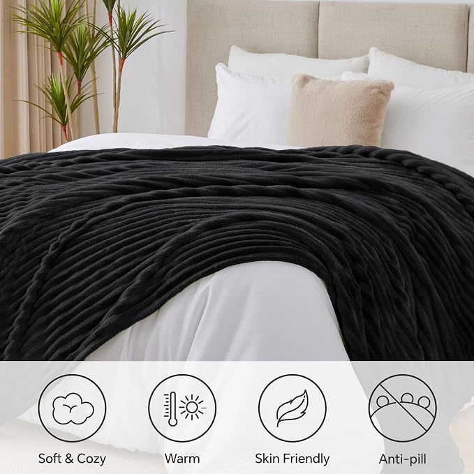 BEDELITE King Size Blanket for Bed, 300GSM Soft & Warm Fleece Blanket, Decorative and Giftable Striped Black Blankets for Women, Men, 108"x90"