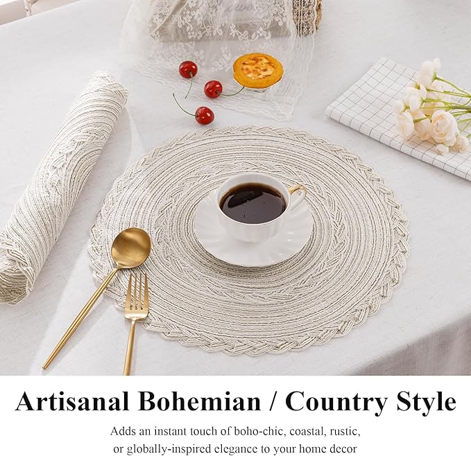 SHACOS Boho Round Placemats Set of 8 Braided Border Round Place Mats 15 inch Washable Dining Table Mats for Home Wedding Holiday Party (Ivory Bordered, 8)