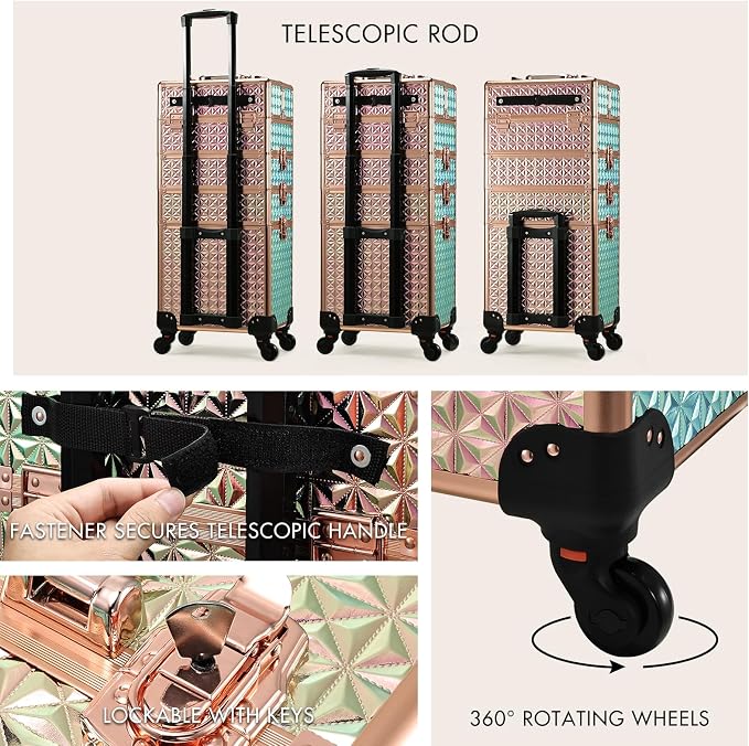 Stagiant Rolling Makeup Case Cosmetology Case on Wheels 4 in 1 Large Cosmetic Organizer Train Case Makeup Travel Case with Key Swivel Wheels Nail Artist Salon Storage Traveling Cart Trunk Rose Gold