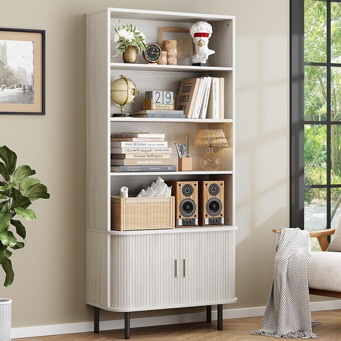ONBRILL 71" Tall Bookshelf, 4-Tier Bookcase with Storage Cabinet & Adjustable Shelves, Freestanding Wood Bookshelf with Sliding Door and Adjustable Footpad, for Home Office, Living Room, Natural White